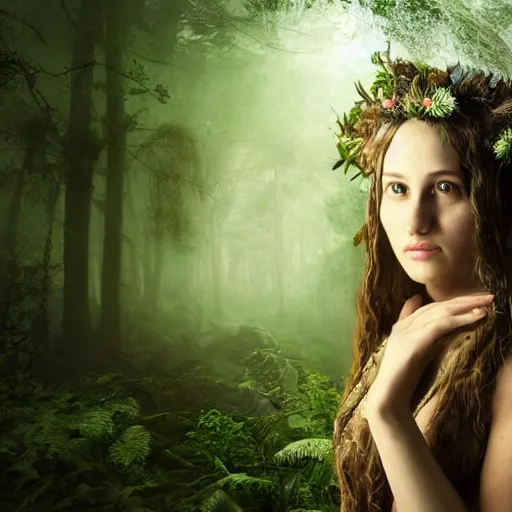 Prompt: goddess of the forest. fantasy. ultra realistic portrait of the women. forest. volumetric lighting. nature. haze. epic. cinema.