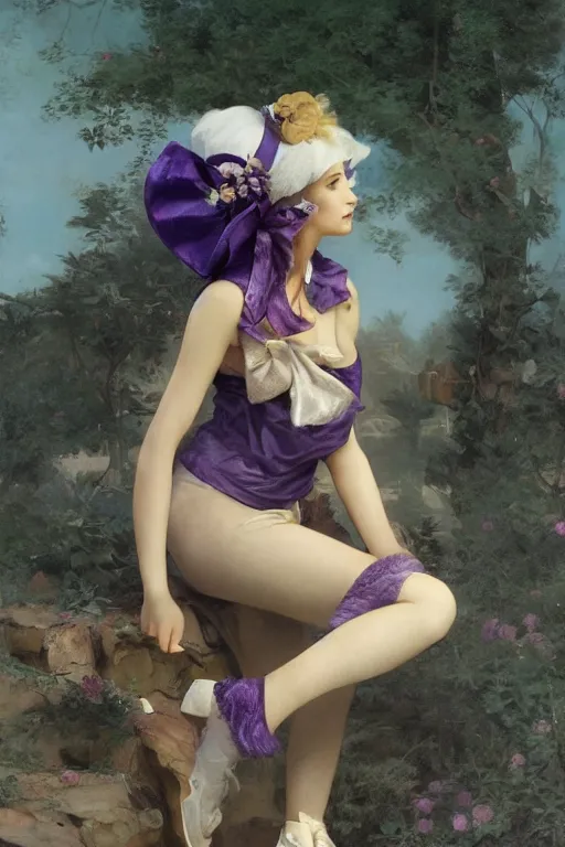 Image similar to Full View girl with short blond hair wearing an oversized purple Beret, Baggy Purple overall shorts, Short Puffy pants made of silk, silk shoes, a big billowy scarf, Golden Ribbon, and white leggings Covered in stars. Short Hair. masterpiece 4k digital illustration by Ruan Jia and Mandy Jurgens and Artgerm and william-adolphe bouguereau, award winning, Artstation, art nouveau aesthetic, Alphonse Mucha background, intricate details, realistic, panoramic view, Hyperdetailed, 8k resolution, intricate art nouveau