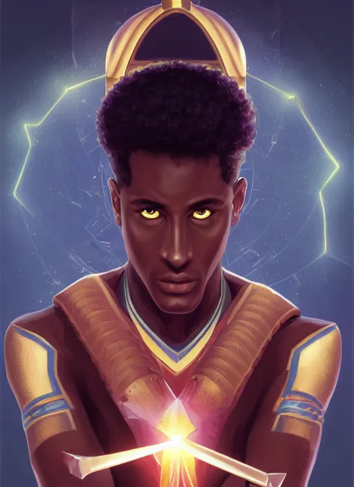 Prompt: symmetry!! brown skin man egyptian prince holding scepter of power, solid cube of light, hard edges, product render retro - futuristic poster scifi, lasers coming from eyes, brown skin man egyptian prince, intricate, elegant, highly detailed, digital painting, artstation, concept art, smooth, sharp focus, illustration, dreamlike, art by artgerm