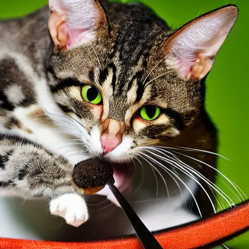 Prompt: mouse fighting cat with sword, macro shot,