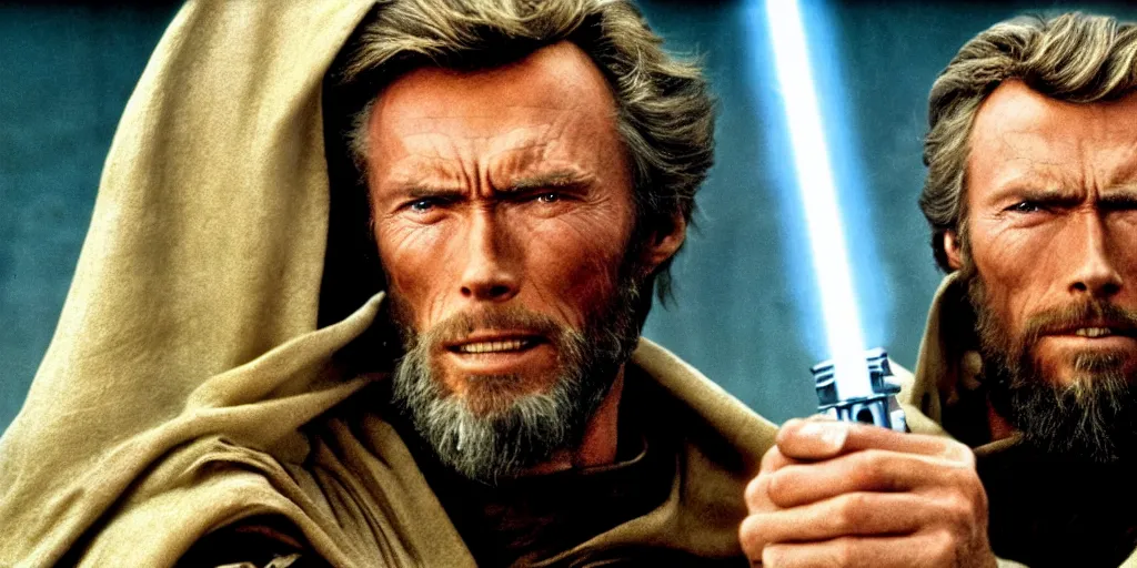 Prompt: Still of Clint Eastwood as jedi master Obiwan kenobi!!!!. in Star Wars (1977). detailed eyes. medium shot, technicolor.
