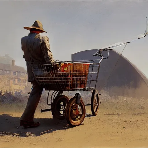 Prompt: a man drags a cart, hyperrealism, no blur, 4 k resolution, ultra detailed, style of ron cobb, adolf hiremy - hirschl, syd mead, ismail inceoglu, rene margitte