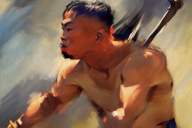 Prompt: greg manchess portrait of a filipino mma fighter with a sword shouting happy, profile picture, organic painting, sunny day, matte painting, bold shapes, hard edges, street art, trending on artstation, by huang guangjian, gil elvgren, ruan jia, randy vargas, greg rutkowski