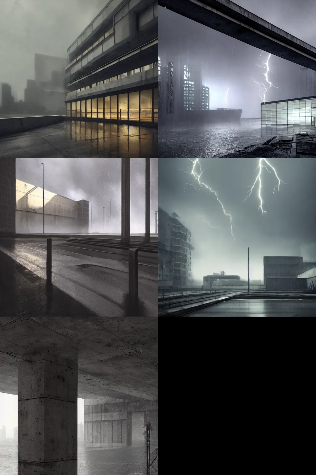 Prompt: brutalist architecture, steel, concrete, mist, heavy rain, night, dramatic lighting, lightning bolt, trending on Artstation, 8k, highly realistic, hyper detailed, unreal engine 5, IMAX quality, realistic, cinematic, epic lighting, realistic, in the style of Greg Rutkowski