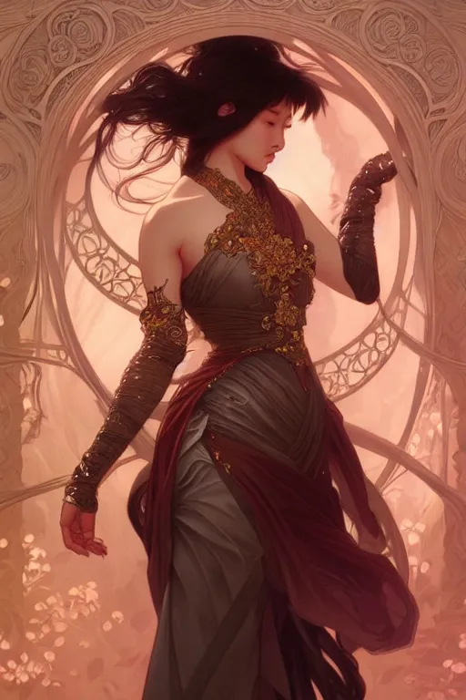 Image similar to asian, dark fantasy, intricate, elegant, highly detailed, digital painting, artstation, concept art, matte, sharp focus, illustration, art by artgerm and alphonse mucha