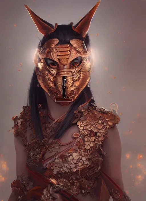 Image similar to a beautiful detailed oil on copper art illustration of a japanese kitsune samurai mask devil woman, centered, by charlie bowater, zeng fanzh, trending on artstation, dim dusk lighting, cinematic lighting, detailed lighting, volumetric lighting, realistic, f 8, 4 k hd wallpaper