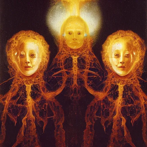 Prompt: a closeup portrait of a three - headed horned women, floating in huge levitating luminescent orb, in an eel nebula, golden hour, by jan van eyck
