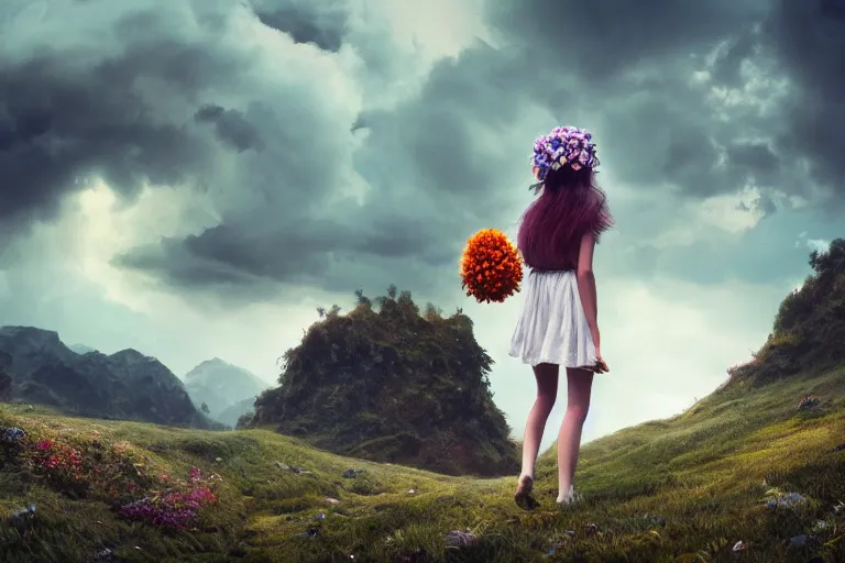 Image similar to giant dahlia flower crown under head, girl walking on mountain, surreal photography, blue storm clouds, dramatic light, impressionist painting, digital painting, artstation, simon stalenhag