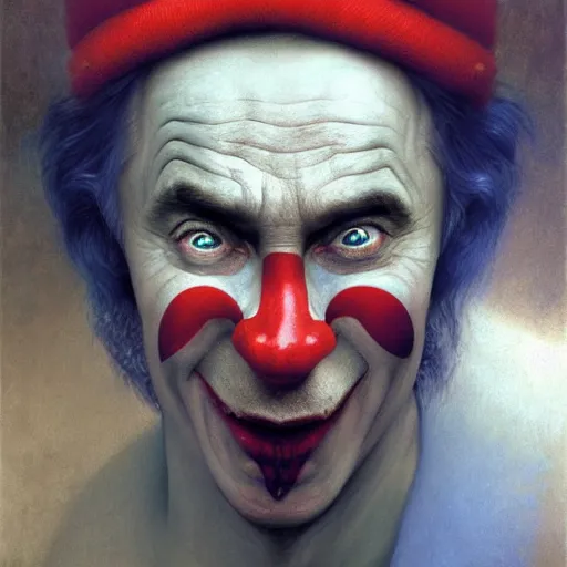 Image similar to vladimir putin, is a jester, circus performance, red clown nose, fantasy 3 d render, masterpiece, by donato giancola and greg rutkowski and wayne barlow and zdzisław beksinski, realistic face