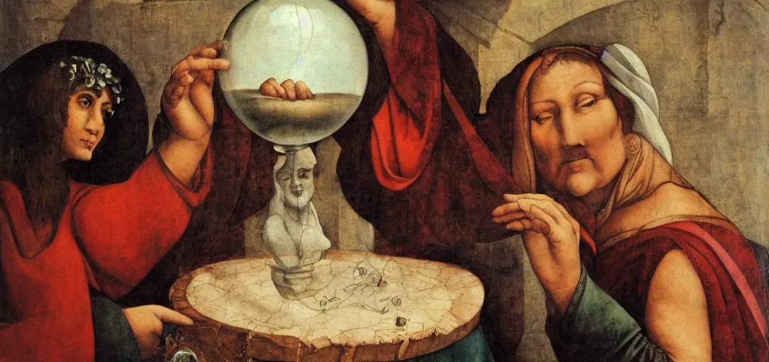 Prompt: a renaissance gypsy fortune teller gazing into a crystal ball in the style of Michelangelo,