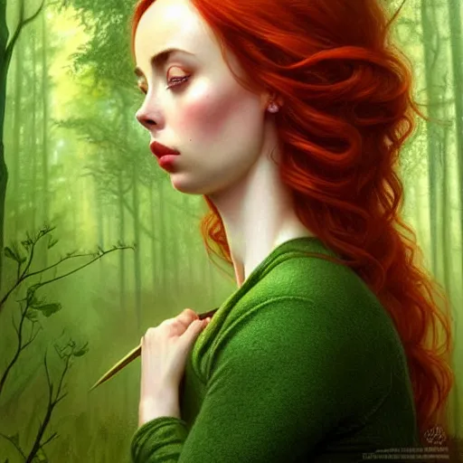 Image similar to gorgeous Kacey Rohl, realistic character concept, red hair, symmetrical face symmetrical eyes, green dress, forest, trees, shorter neck, illustration, cinematic lighting, artgerm, Tom Bagshaw, Norman Rockwell, insanely detailed and intricate, beautiful