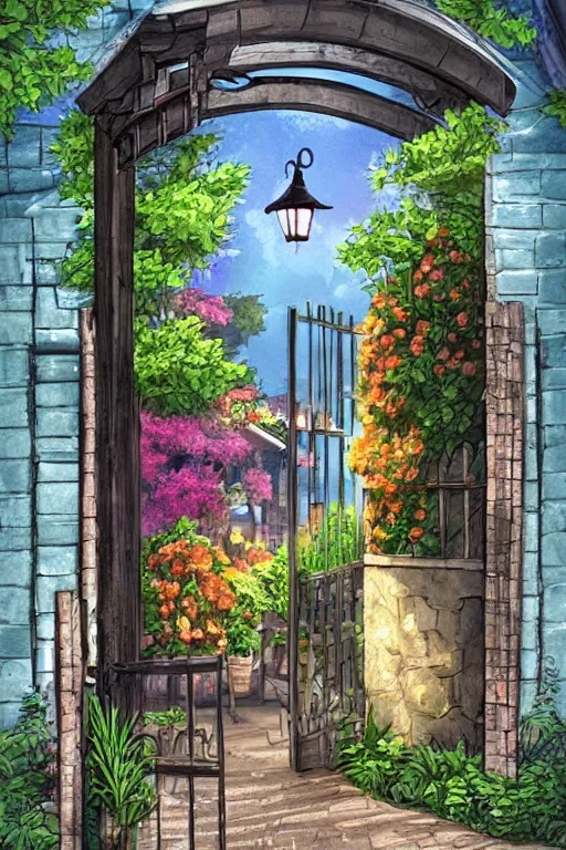 Image similar to a little flower shop's front gate, refreshing, digital illustration, pixiv, dramatic lighting