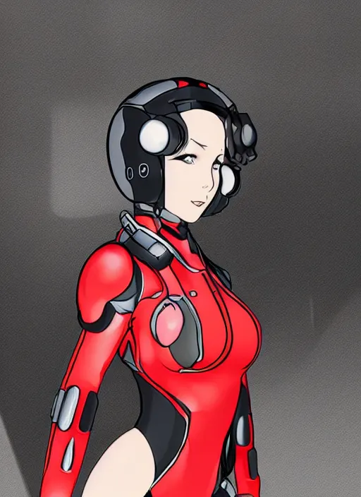 Image similar to Portrait of a female mech pilot in a black latex bodysuit, anime, cel-shaded, highly detailed, monotone, red highlights