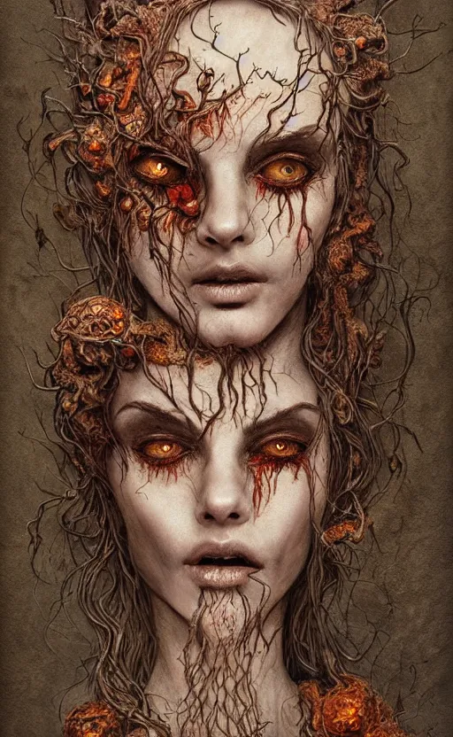 Image similar to portrait of a rotten tree spirit dryad with a beautiful face and flaming mouth and eyes, intricate, headshot, mushrooms, fungi, lichen, sketch lines, graphite texture, old parchment, guillermo del toro concept art, justin gerard monsters, intricate ink illustration, artstation