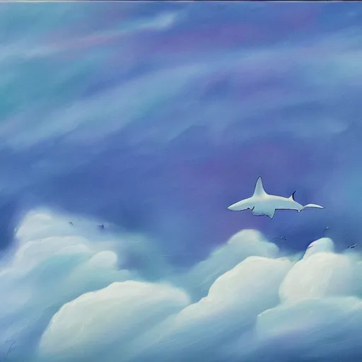 Image similar to abstract painting of a great white shark flying through a beautiful cloud filled sky