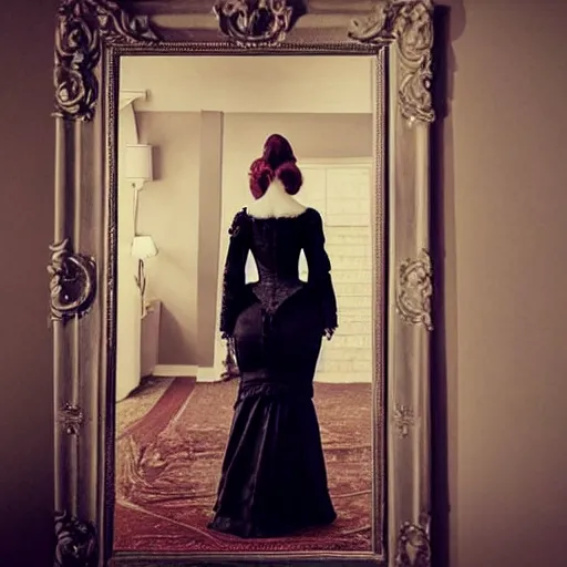 Prompt: a beautiful victorian woman is frightened by her doppleganger in a mirror. she is in a long hallway of mirrors. elegant design, haunting atmosphere, dimly lit, gothic, horror style, realistic, low angle, 3 / 4 view.