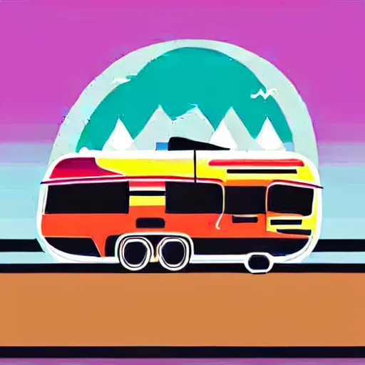 Image similar to vector art of a white and black cute thor chateau! motorhome camper!!, highway, mountains and colorful sunset!!, very very happy, dramatic motion, warm colors, crisp lines, very minimal vector art, sticker!! by tom whalen