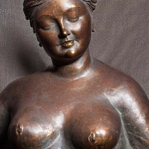 Image similar to detailed photo of an old bronze patina statue of a beautiful curvy woman portrait, intricate detail, museum diffuse lighting