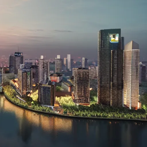 Image similar to 3 d rendering of the city of jakarta rendered with an unreal engine, the image is refined with uhd, yellowish light, and also its beauty is like the real world