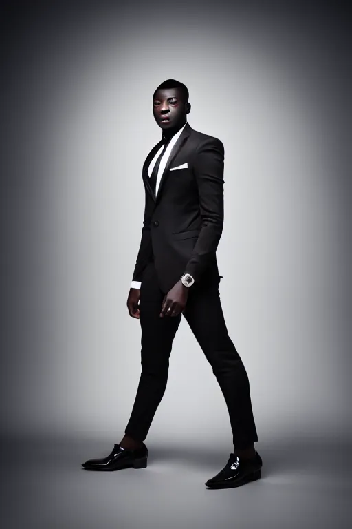 Prompt: black model, wearing a suit outfit, luxury materials, symmetrical, cinematic, elegant, professional studio light, real dlsr photography, sharp focus, 4 k, ultra hd, sense of awe, high fashion