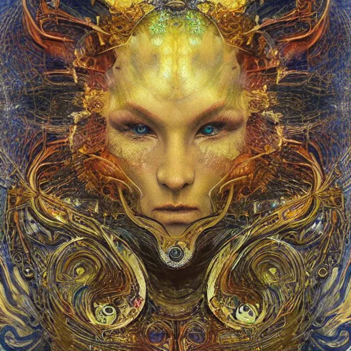 Image similar to Divine Chaos Engine by Karol Bak, Jean Deville, Gustav Klimt, and Vincent Van Gogh, celestial, visionary, sacred, fractal structures, ornate realistic gilded medieval icon, spirals