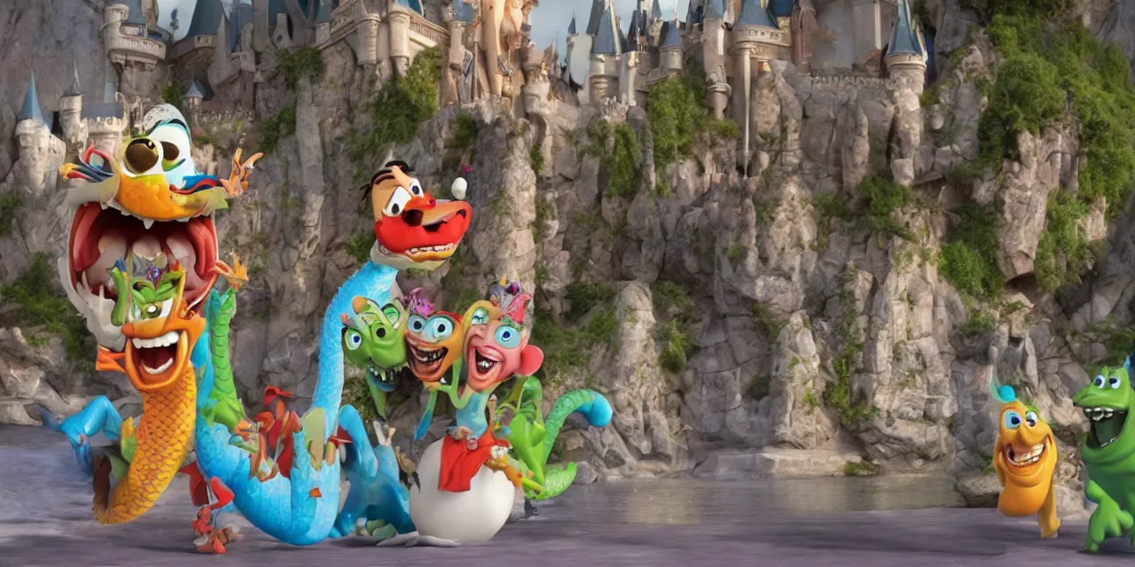 Image similar to object local coordinates for happy caricatures of dragon and castle, disney and pixar dark dank scary