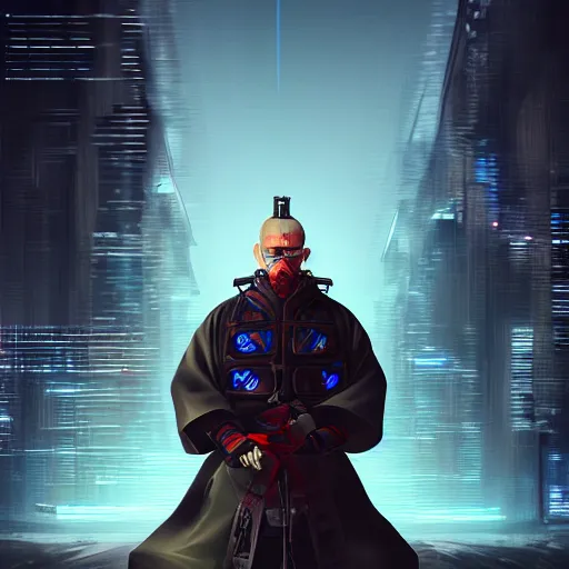 Prompt: a portrait of an ( elder cyberpunk samurai ), sharp focus, detailed, artstation, concept art, 3 d + digital art, wlop style