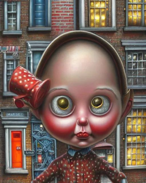 Image similar to highly detailed closeup, portrait of a tin toy london streets, hyper realistic, artstation, illustration, nicoletta ceccoli, mark ryden, lostfish, dan decarlo, bob clampett, max fleischer, digital paint, matte paint, vivid colors, detailed and intricate environment