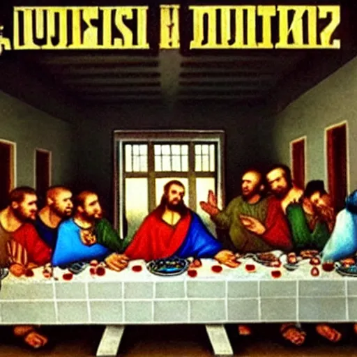 Image similar to a World War II Russian Soviet propaganda poster of The Last Supper