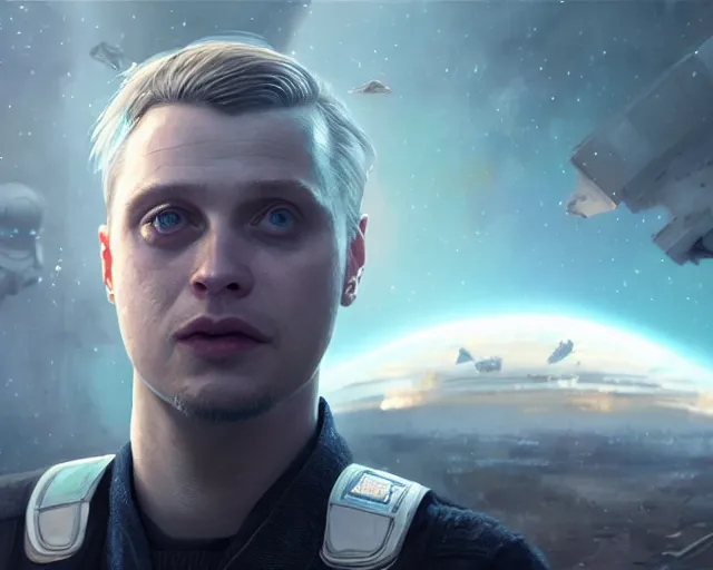 Image similar to highly detailed portrait of michael pitt as an android in a space shuttle, in detroit : become human, stephen bliss, unreal engine, fantasy art by greg rutkowski, loish, rhads, ferdinand knab, makoto shinkai and lois van baarle, ilya kuvshinov, rossdraws, tom bagshaw, global illumination, radiant light, detailed and intricate environment