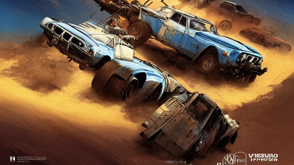 Image similar to digital illustration of mad max's fj 4 0 pursuit special riding fury road eternal shiny and chrome, the last v 8 interceptor driving down to the gates of valhalla highway in the middle of the day, anime style, year 2 0 9 3, by makoto shinkai, ilya kuvshinov, lois van baarle, rossdraws, basquiat