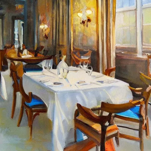 Prompt: a beautiful painting of fine dining. Living the good life. Hazy.