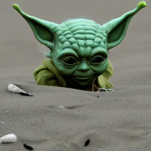 Image similar to sad Yoda on a beach