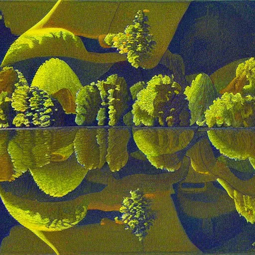 Prompt: escher painting of a lake, big trees reflecting on lake surface, ultra sharp, ultra detailed, colorized by salvador