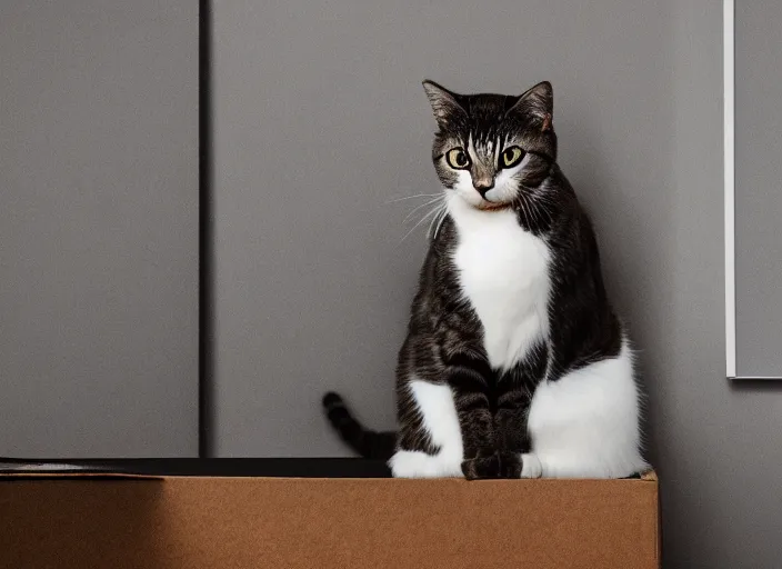 Image similar to photography of a Cat sitting on a box. in a room full of posters, photorealistic, raining award winning photo, 100mm, sharp, high res