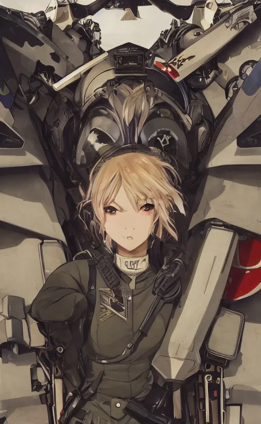 Image similar to shot of mechanized valkyrie, anime style, world war 2, top gun clothing, spread wings, blonde hair, hair down, symmetrical facial features, from arknights, hyper realistic, 4 k, rule of thirds, extreme detail, detailed drawing, safebooru, hd, d & d, realistic lighting, by alphonse mucha, greg rutkowski, backlit