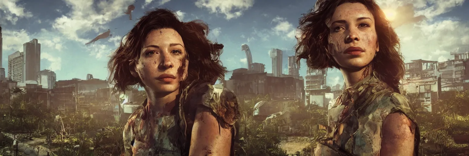 Image similar to fallout 5 : miami, charismatic beautiful rugged brunette female protagonist and companion, portrait, outdoors ruined tropical cityscape, atmospheric lighting, painted, intricate, volumetric lighting, beautiful, summer, sunny weather, few clouds, sharp focus, deep colours, ultra detailed, by leesha hannigan, ross tran, thierry doizon, kai carpenter, ignacio fernandez rios