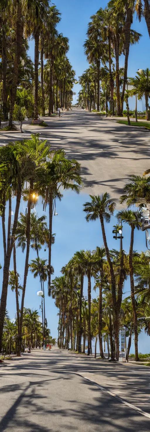 Image similar to long shots of sidewalk with bike path, palm trees, accessible for the disabled, by professional photographer, 8 k resolution, photo, high quality, unreal engine, 3 d