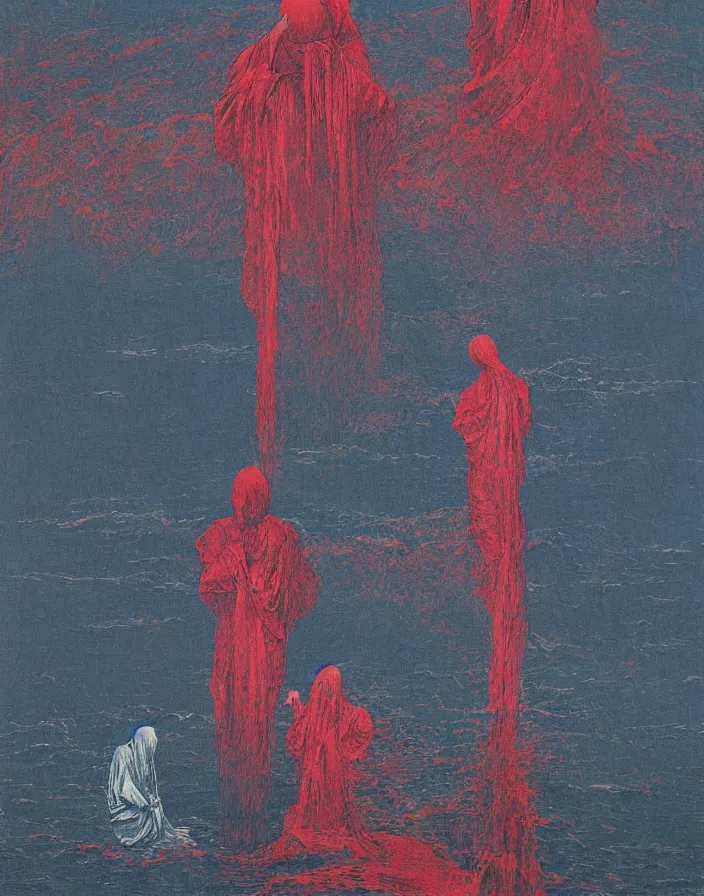 Image similar to worshippers in robes belonging to the cult of the lighthouse standing in waves, a lighthouse, high detailed Beksinski painting, part by Adrian Ghenie and Gerhard Richter. art by Takato Yamamoto. masterpiece, deep colours, red, blue