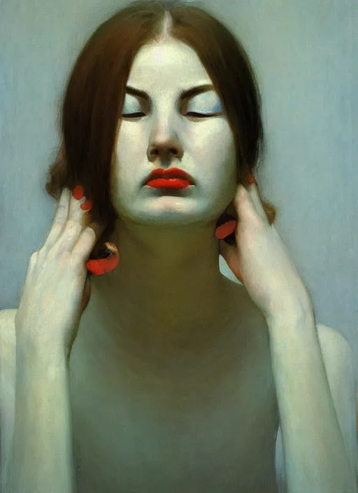 Image similar to a portrait of a woman with her hair covering around her eyes and her mouth, by Edward Hopper, by James Gilleard, by Zdzislaw Beksinski, by Steven Outram, highly detailed
