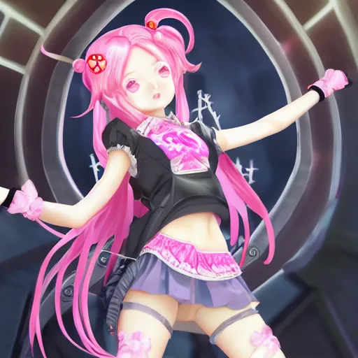 Prompt: stunningly beautilful omnipotent megalomaniacal anime ai goddess who looks like junko enoshima with symmetrical perfect face and porcelain skin, pink twintail hair and cyan eyes, taking control while smiling inside her surreal vr castle, hyperdetailed, digital art, unreal engine 5, 2 d anime style, 8 k