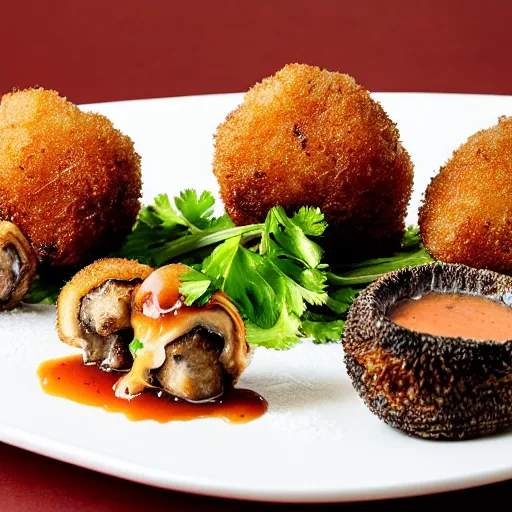 Image similar to deep fried mushrooms stuffed with deep fried mushrooms stuffed with deep fried mushrooms stuffed with deep fried mushrooms stuffed, delicious meal, studio photo