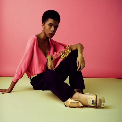 Image similar to realistic photoshoot for a new balenciaga lookbook, color film photography, portrait of a beautiful woman in style of tyler Mitchell, person sitting on the floor, 35mm, graflex