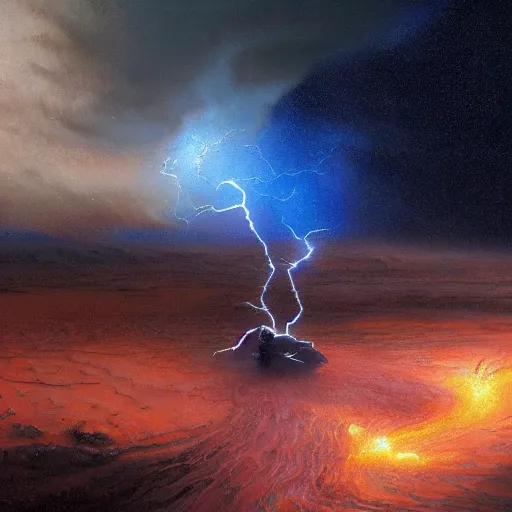 Image similar to UHD closeup of a Photorealistic Max Liquid, playing electric guitar during a wicked lightning storm on Mars, with a cool pose, by Antonio Caparo and Ferdinand Knab and Greg Rutkowski, UHD, photorealistic, trending on artstation, trending on deviantart