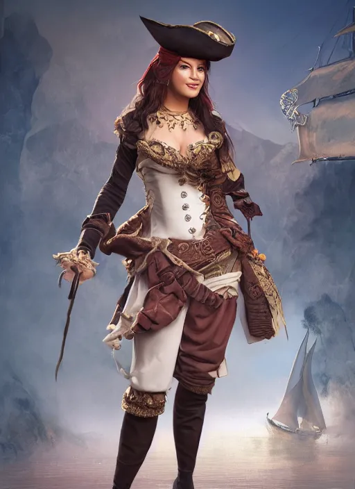 Image similar to detailed full body concept of a famous actress dressed as a pirate, beautiful face, elegant pose, fantasy, illustration, insanely detailed and intricate clothing, octane render, 4k