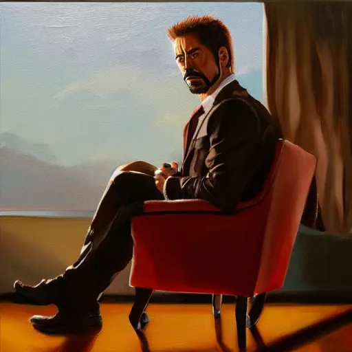 Prompt: detailed oil painting of tony stark sitting in an armchair in a room with the setting sun, by jama jurabaev, golden hour