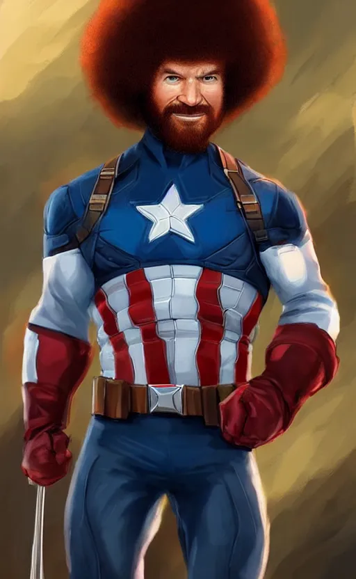 Image similar to bob ross as captain america, dynamic lighting, cinematic, ultra detailed, trending on art station, stunning visuals, creative, fantasy concept art