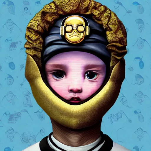 Image similar to Lofi vaporwave portrait baby cherub angel, ski mask, balaclava, face covered, Gucci, Nike, Chanel, multiple gold chains, Pixar style, Tristan Eaton, Stanley Artgerm, Tom Bagshaw