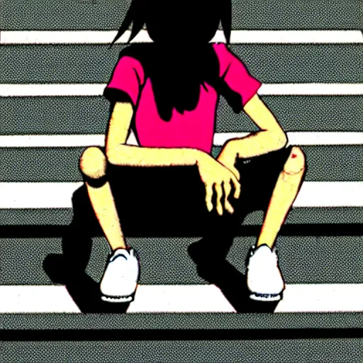 Image similar to skater girl sitting on steps by scott pilgrim, by bryan lee o'malley, tank girl, muted colors anime