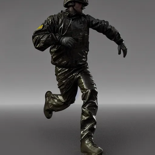 Image similar to 3 d render melted military soldier running sculpture, chrometype, liquid metal, neotribal, raytraced, volumetric lightning, 8 k by wlop, innate studio h - 1 0 0 0 w - 1 0 0 0